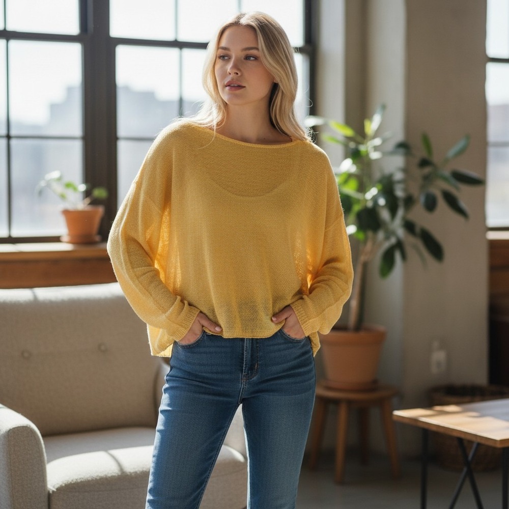 Faherty Sweater Women Med Yellow 100 %Linen Knit Cropped Top Long Sleeve Sheer